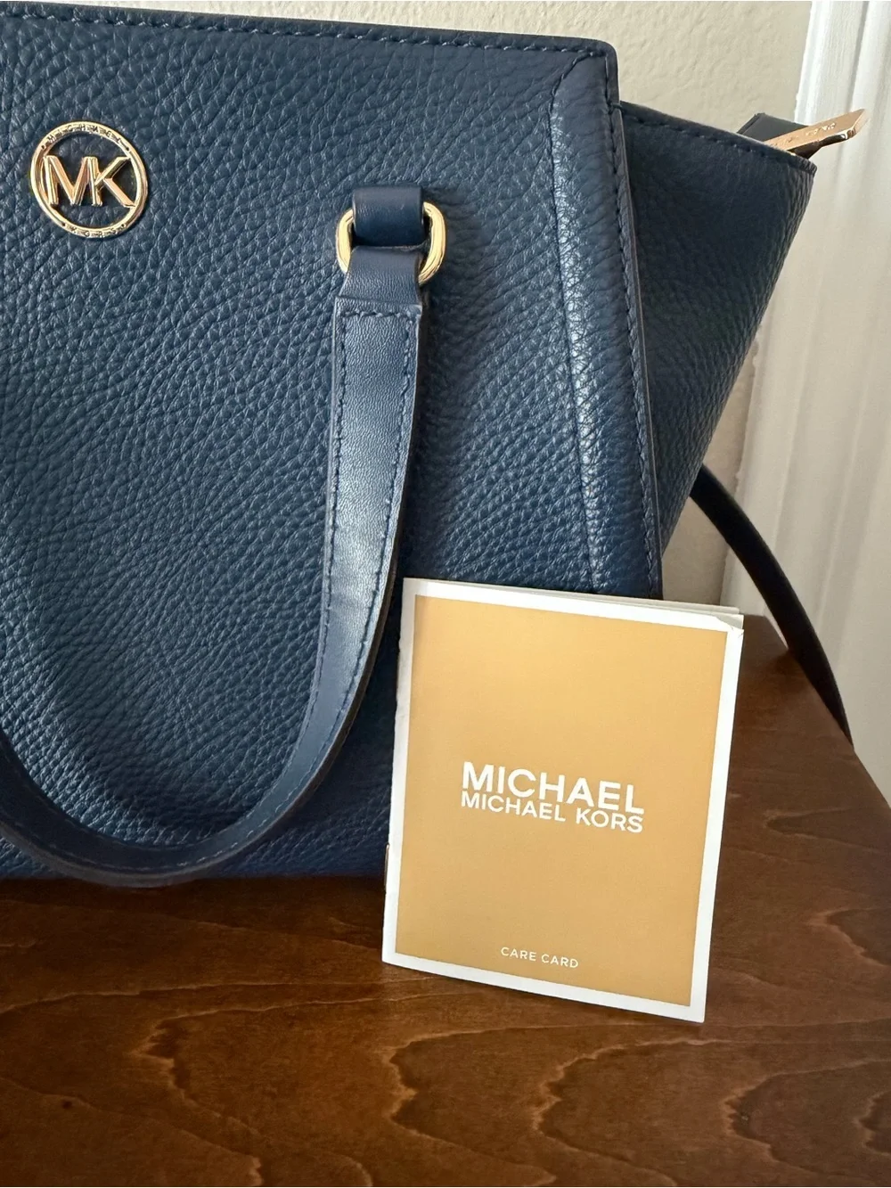Michael Kors Navy Pebbled Leather Satchel with Gold Hardware